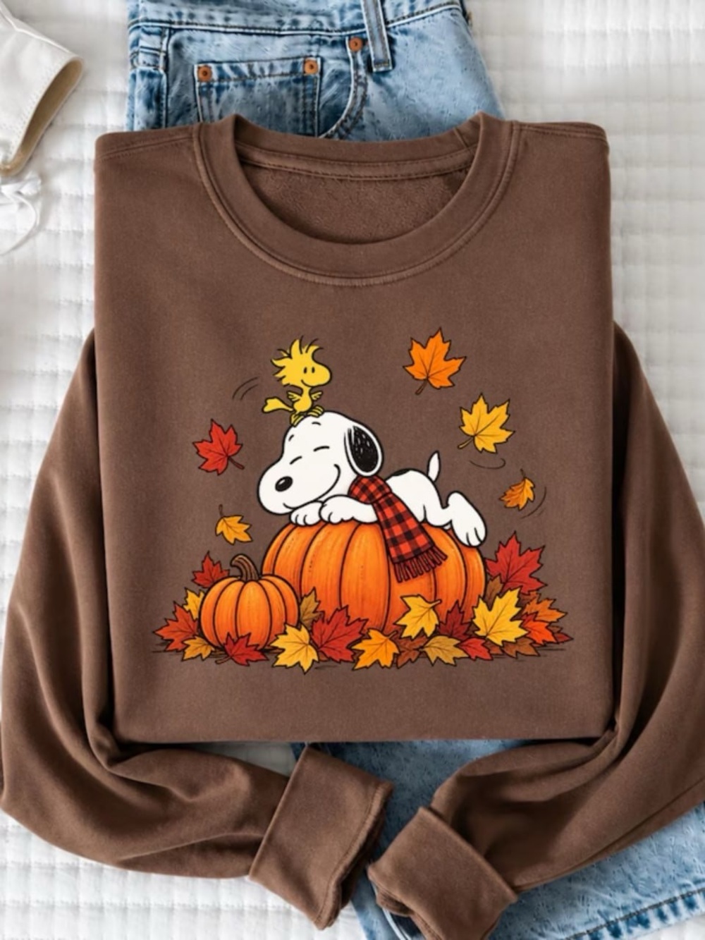 Brown Snoopy Pumpkin Fall Sweatshirt with Orange Accents